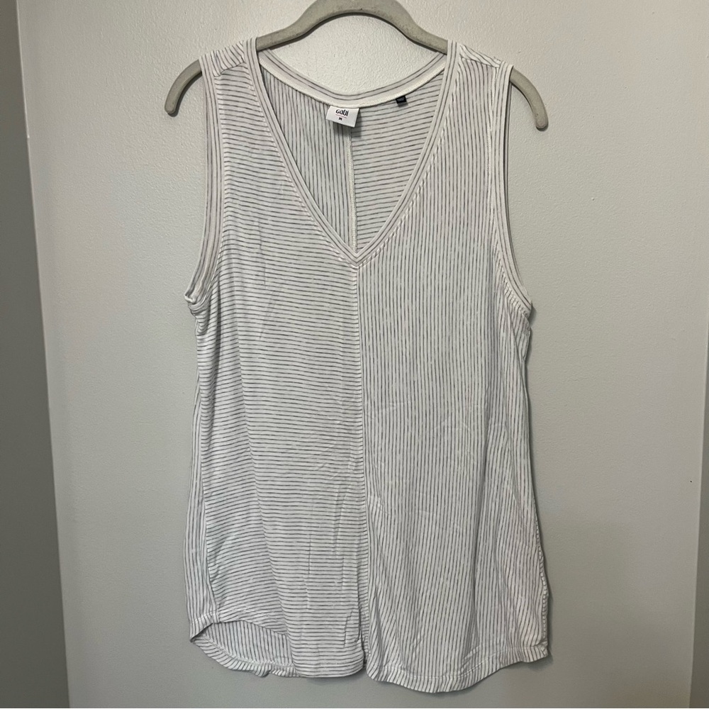 Cabi 3816 Womens Medium White Gray Mini Stripe V-Neck Sleeveless Tank Top EUC